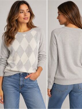 Club Monaco Cotton Cashmere Argyle Sweater Grey Ivory Medium